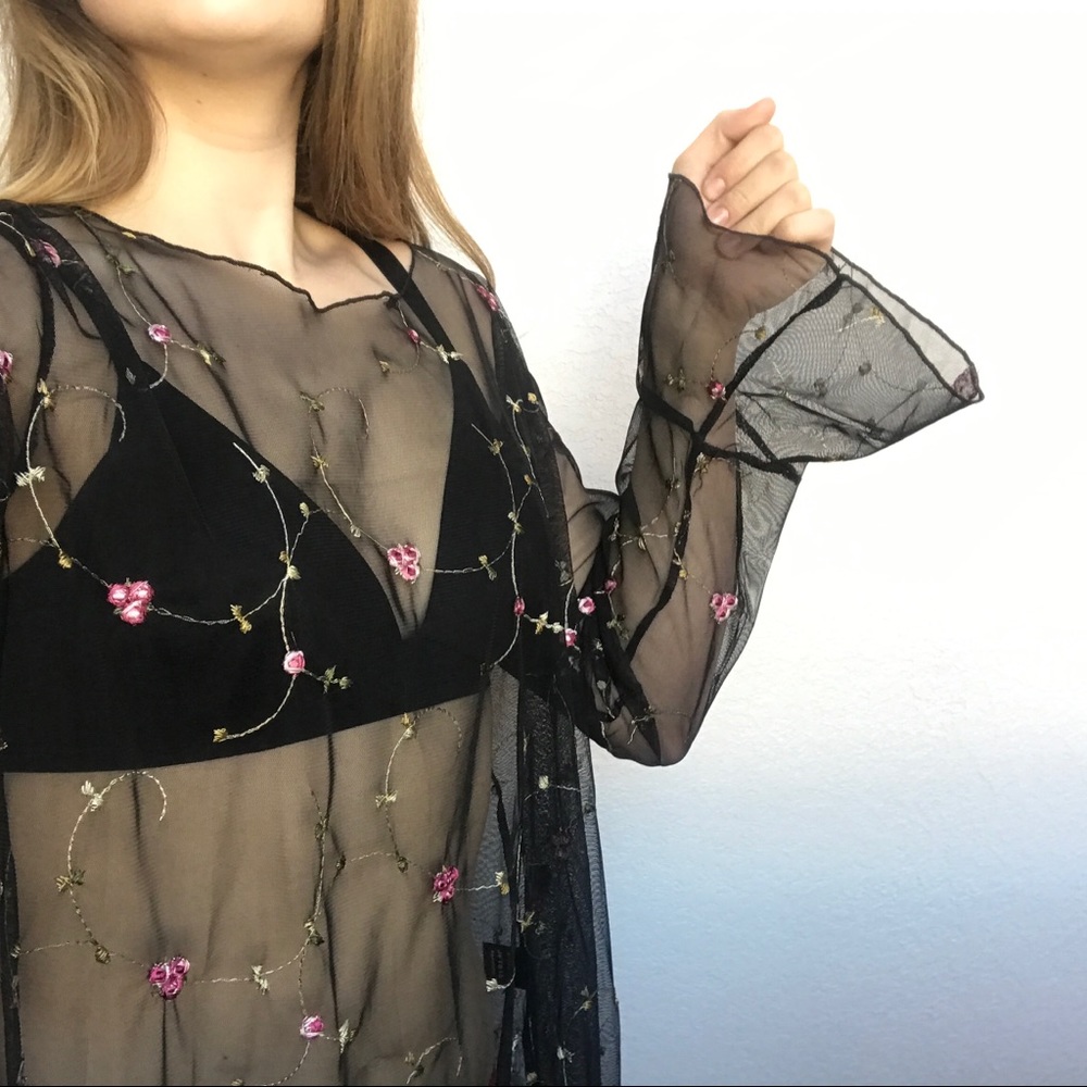 POL Black Mesh Floral Embroidered Bell Sleeve Top